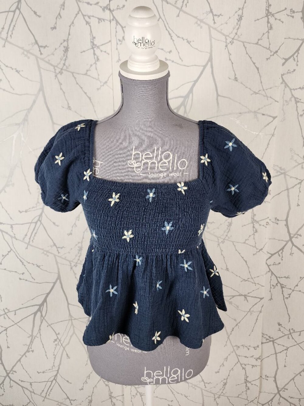 Thirty Thirty Floral Embroidered Cotton Gauze Smocked Crop Top